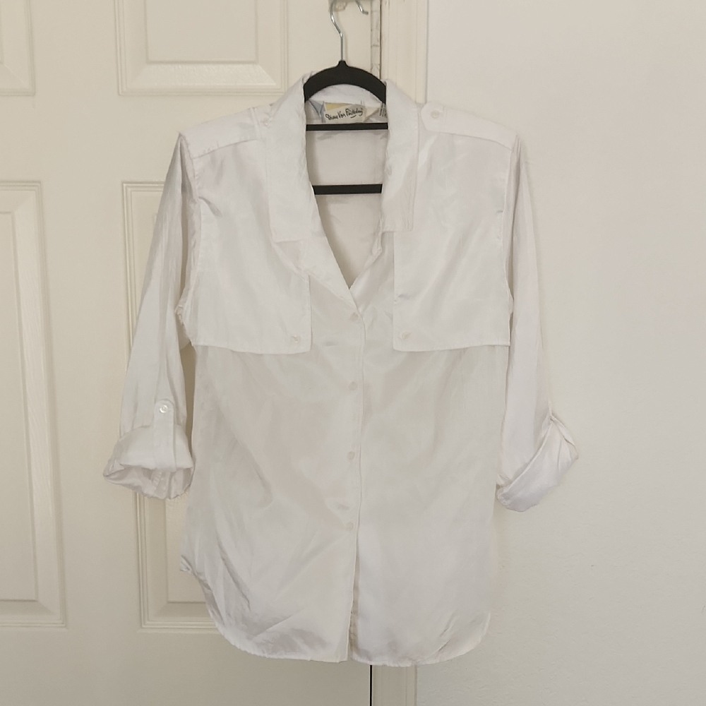Diane Von Furstenberg White Button Down Silky Shoulder Pads Blouse Size Medium